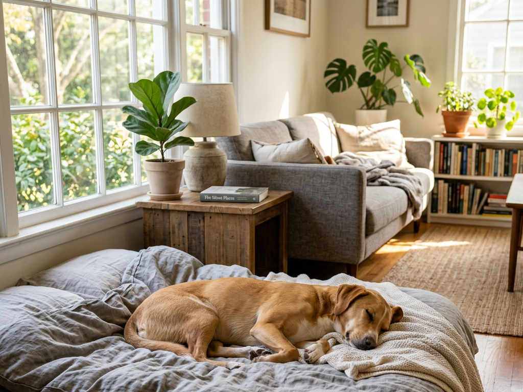 Dog resting on a gray bed near a window in a cozy living room