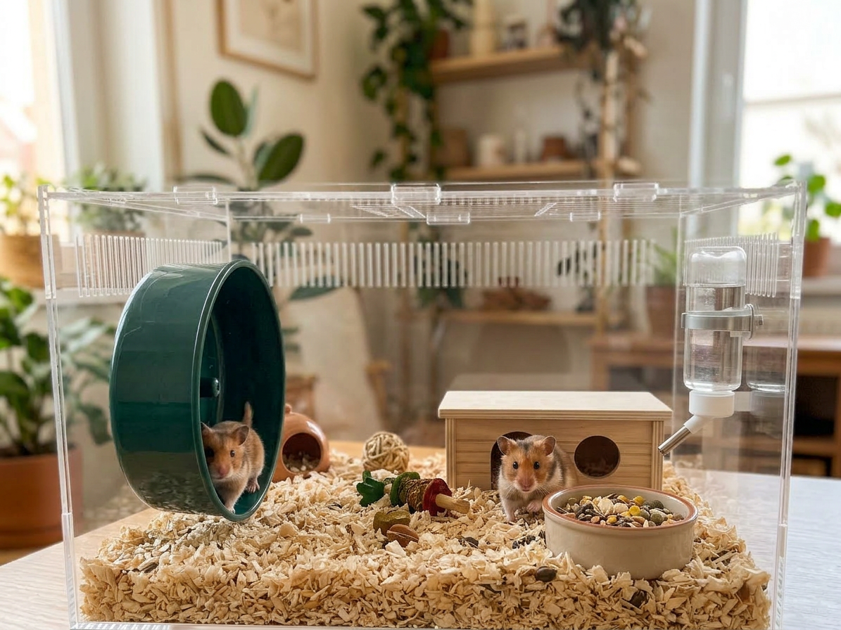 Two hamsters inside a transparent cage with bedding, exercise wheel, water bottle, food bowl, and hideouts