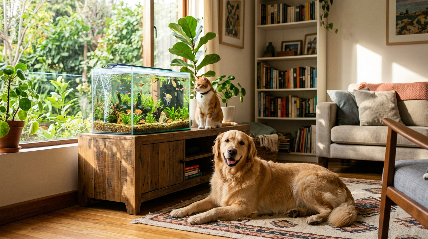 Golden retriever lying on rug next to a cat watching fish in aquarium