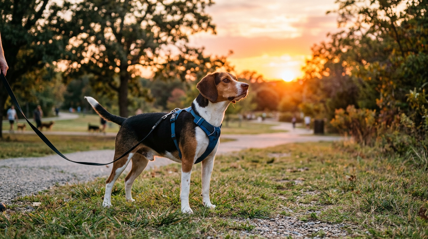 Beagle mix dog wearing blue harness on leash in park at sunset