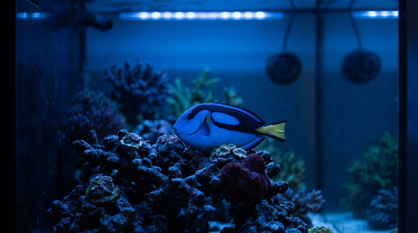 Blue tang fish swimming near coral in an aquarium