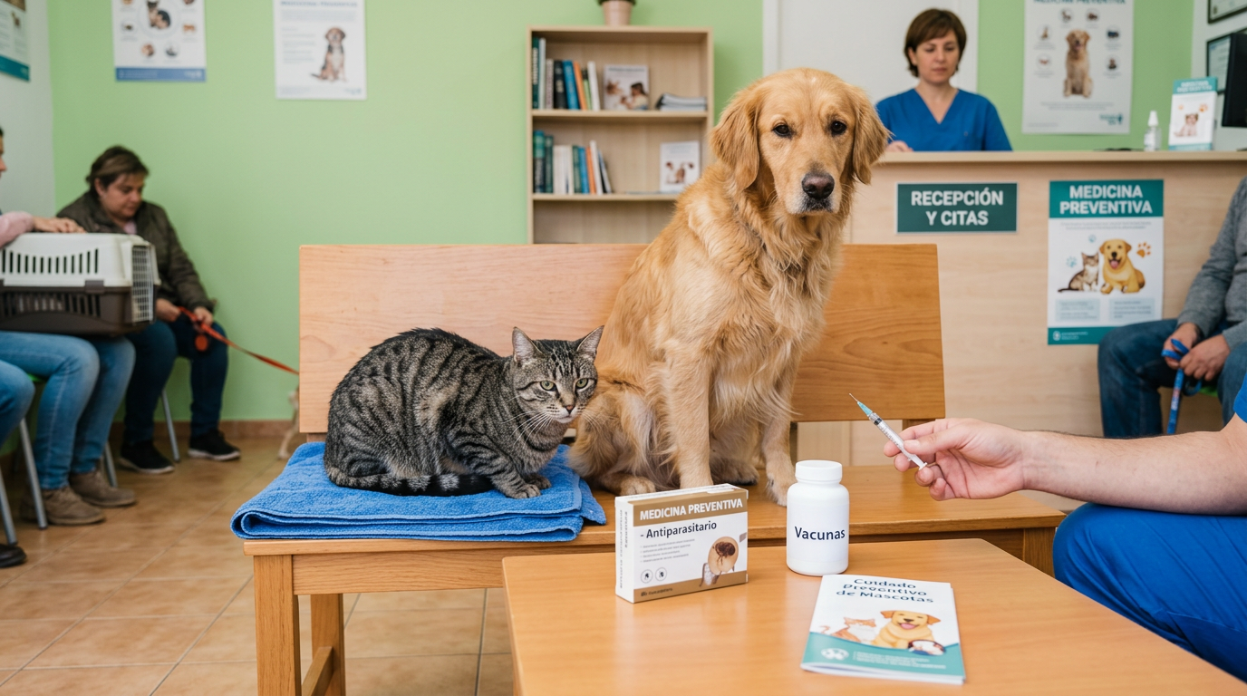 A golden retriever and a tabby cat sitting on a bench in a veterinary clinic waiting room