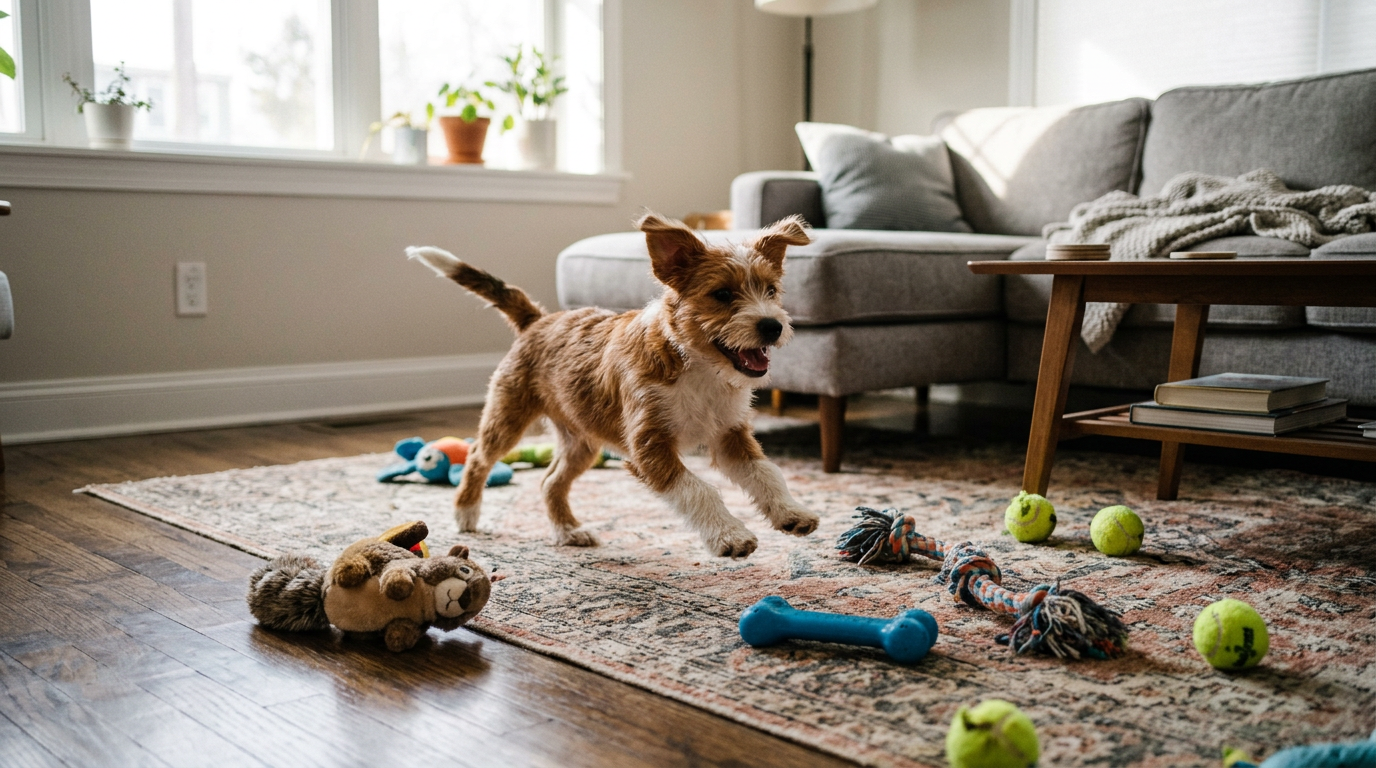 Small brown and white dog playing on rug with various dog toys and tennis balls