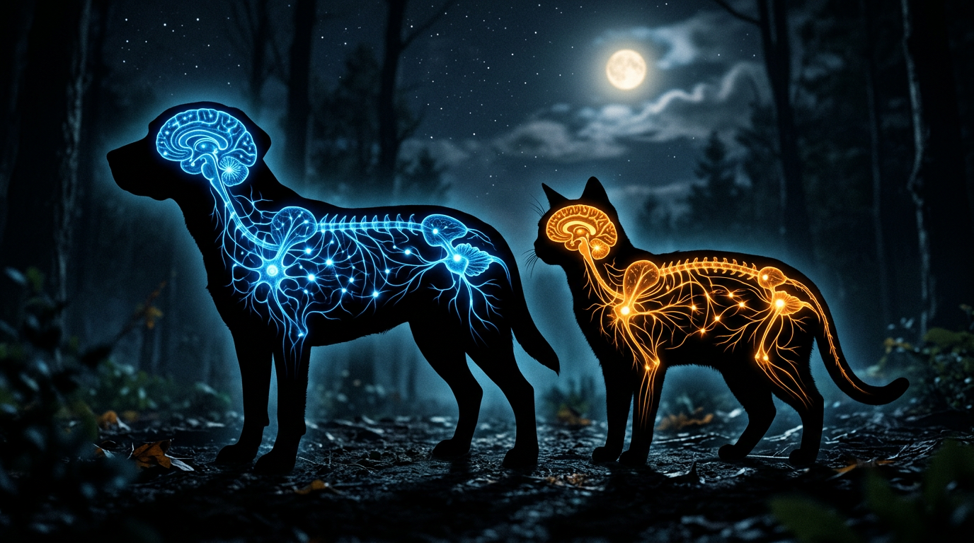 Silhouettes of a dog and a cat showing their glowing neural systems in blue and orange respectively