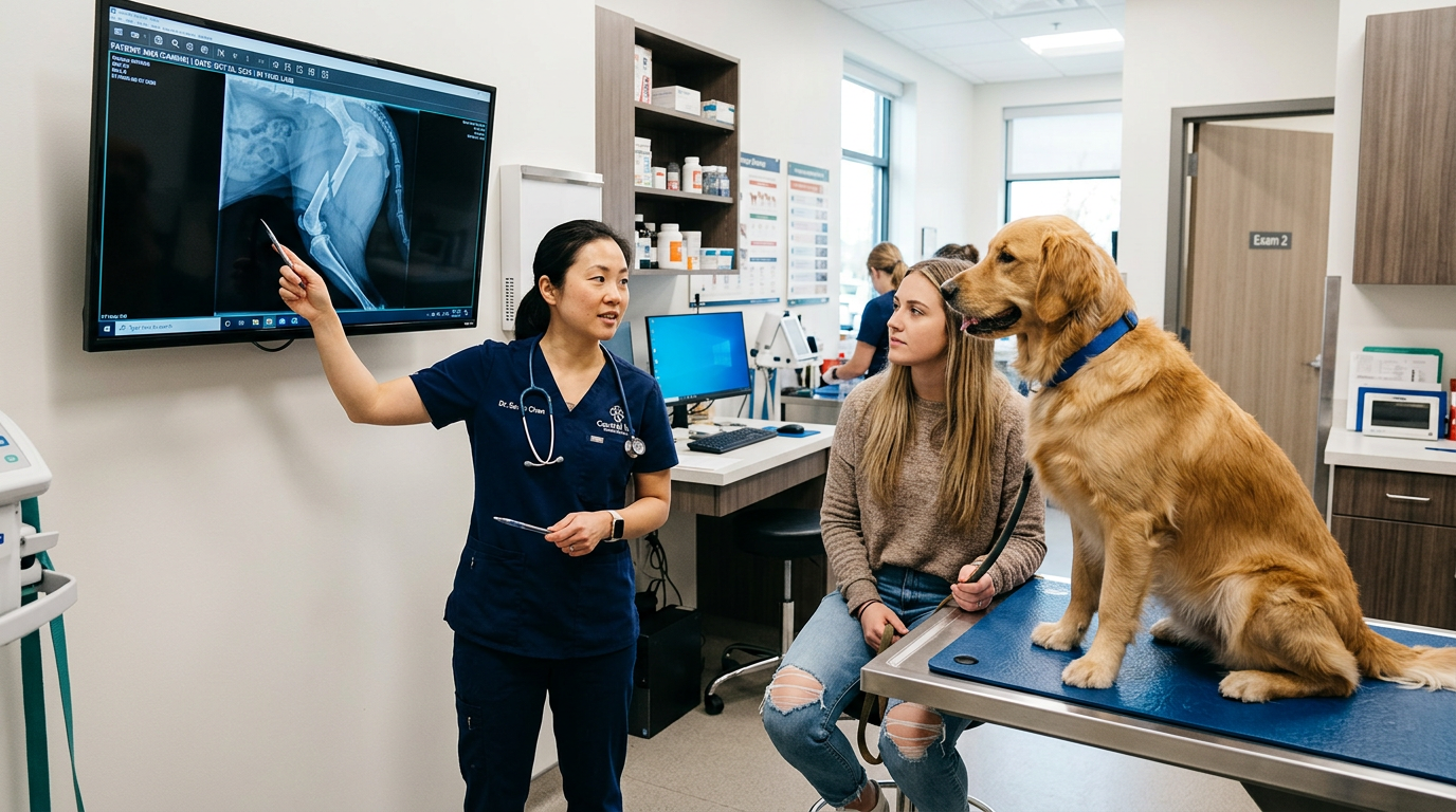 Veterinarian pointing at a dog's leg X-ray on screen while owner and golden retriever listen
