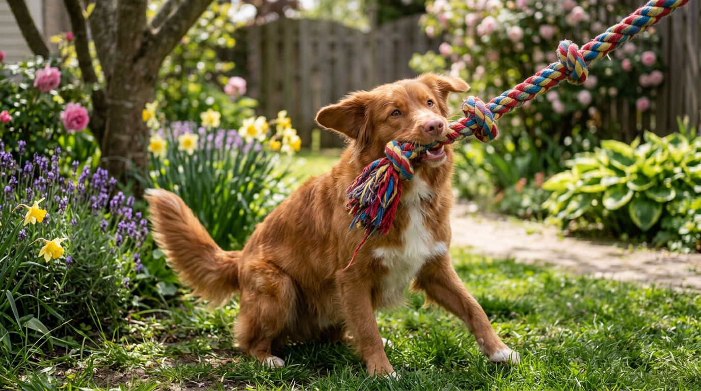 Dog playing tug-of-war with a colorful rope toy in a garden