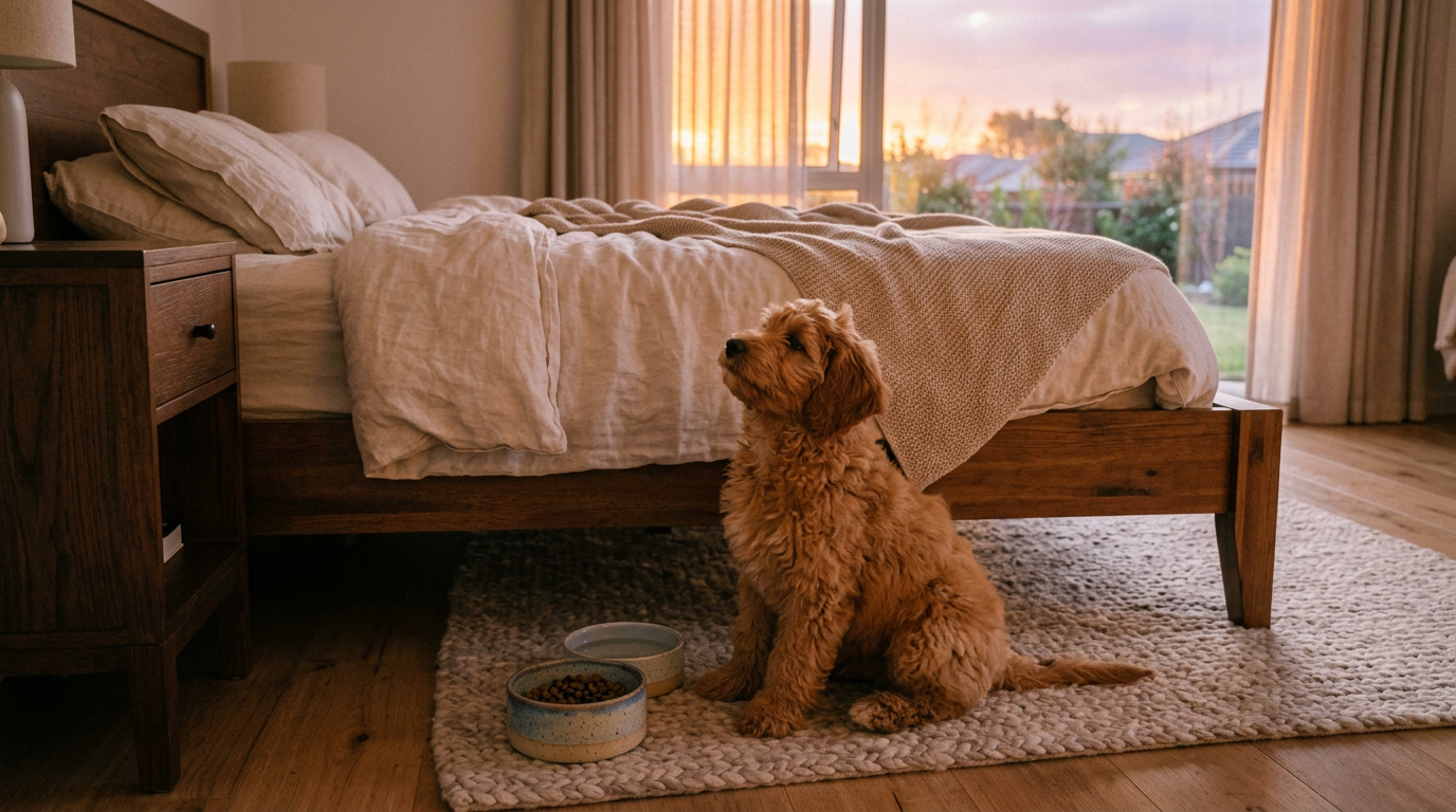 Fluffy dog sitting on rug next to food and water bowls beside a wooden bed