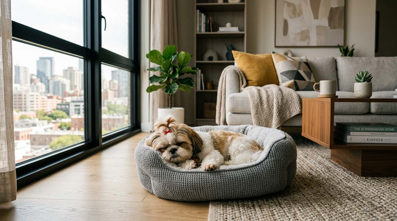 Small dog with a red bow resting in a gray knitted bed near large window in modern living room
