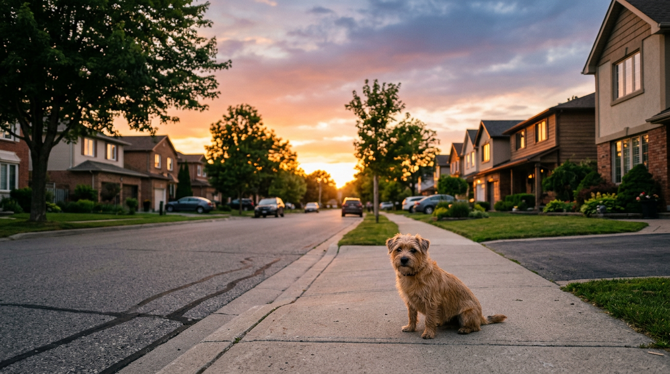 Small brown dog sitting on sidewalk in a suburban street at sunset