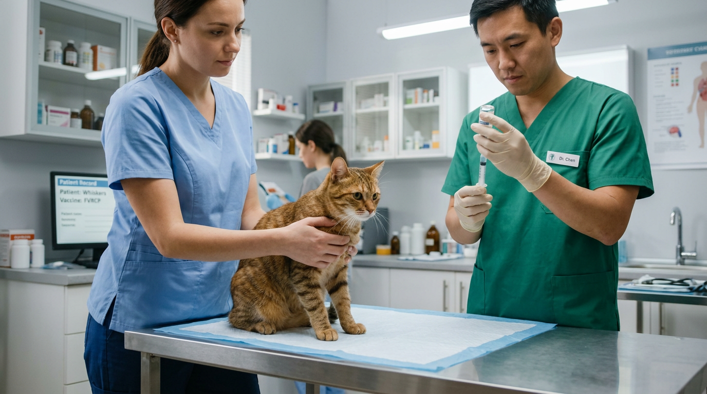 Veterinarian preparing a syringe and nurse holding a cat on exam table