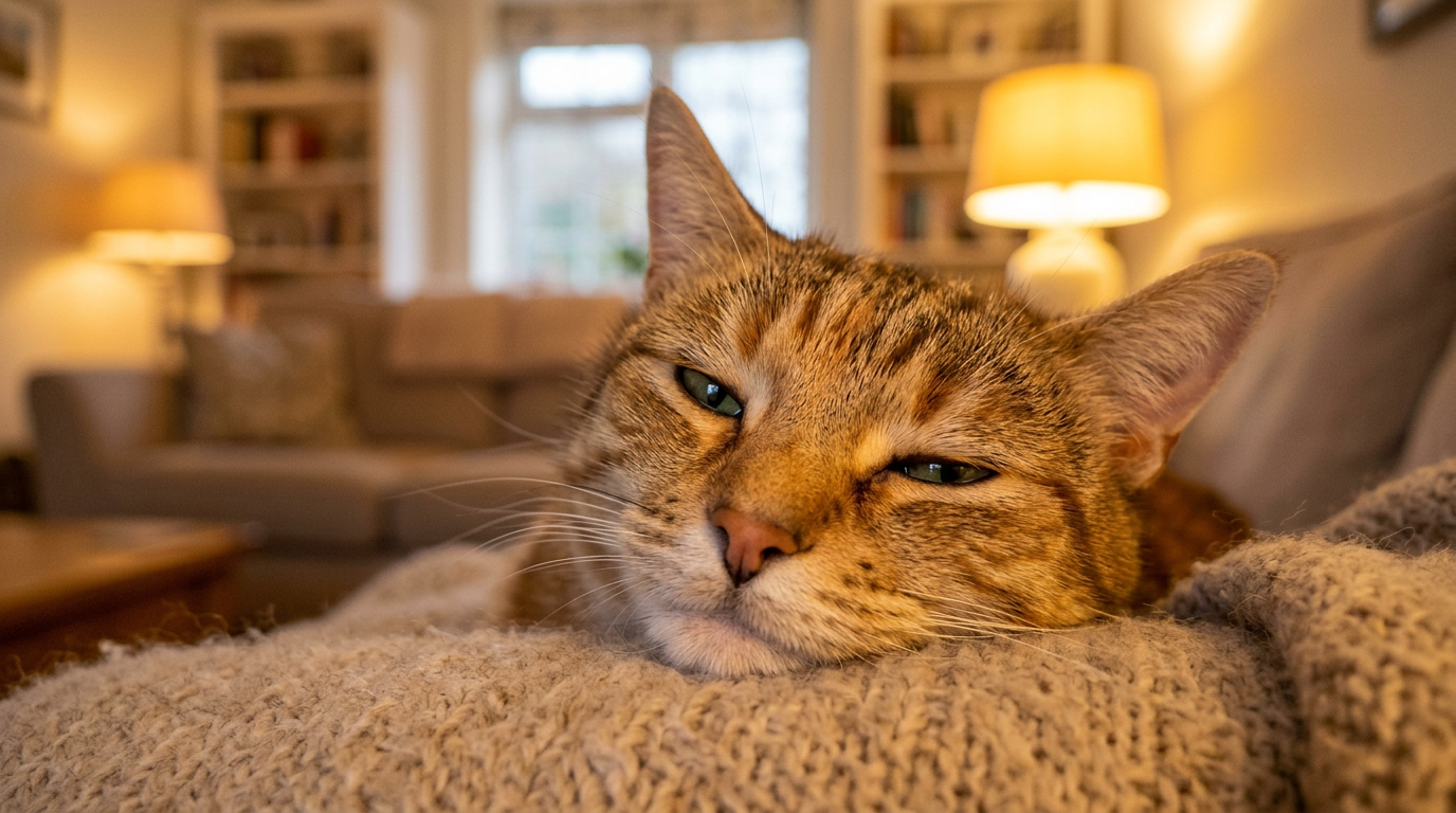 Tabby cat resting its head on a beige knitted blanket in a cozy living room