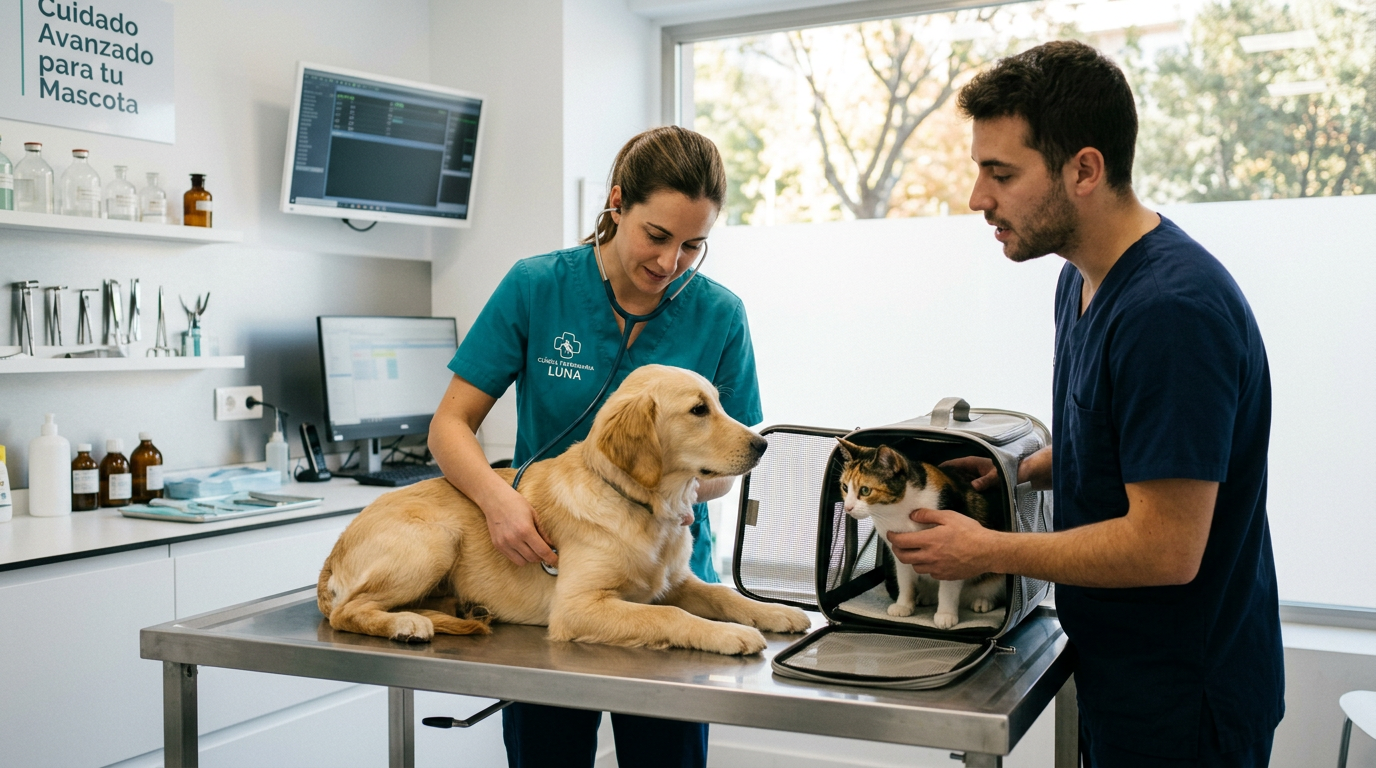 Veterinarian examining a golden retriever on a table while a man holds a cat in a pet carrier